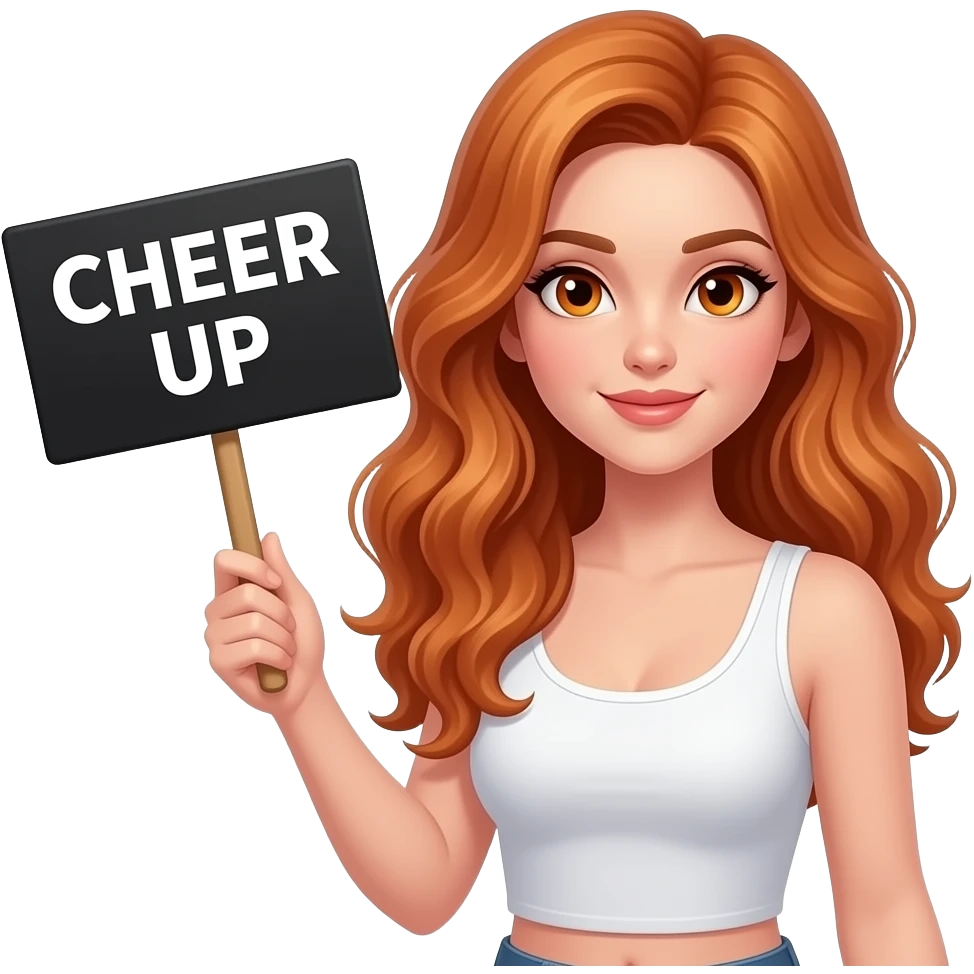 sexy girl with long wavy ginger hair and ginger eyes wearing a white tanktop is holding a black colored sign with CHEER UP written on it emoji