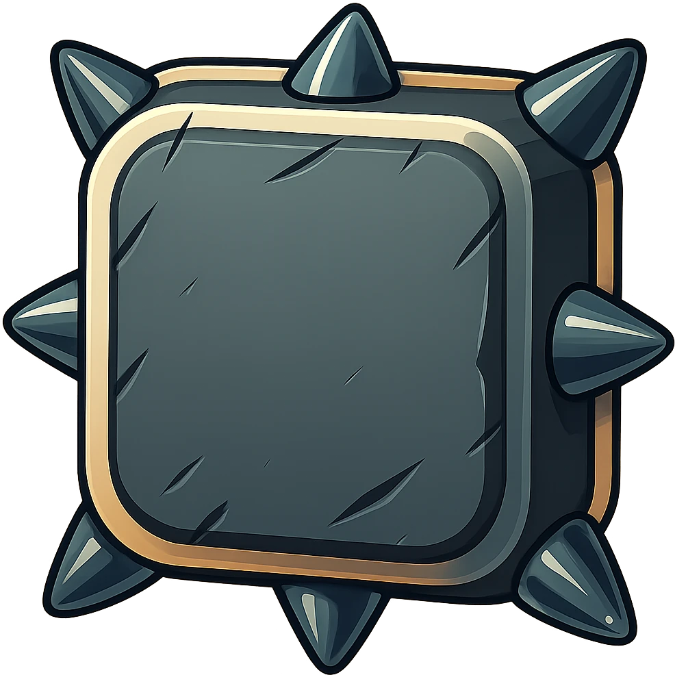 Add four short, fat spikes to each visible side edge of the metal slab (not the front face) in a retro sticker style. Keep the background transparent. emoji
