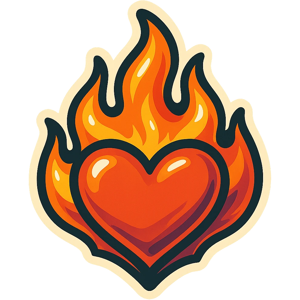 retro sticker style image of a stylized flame with heart-shaped core, bold outlines, juicy colors, expressive highlights and shadows emoji