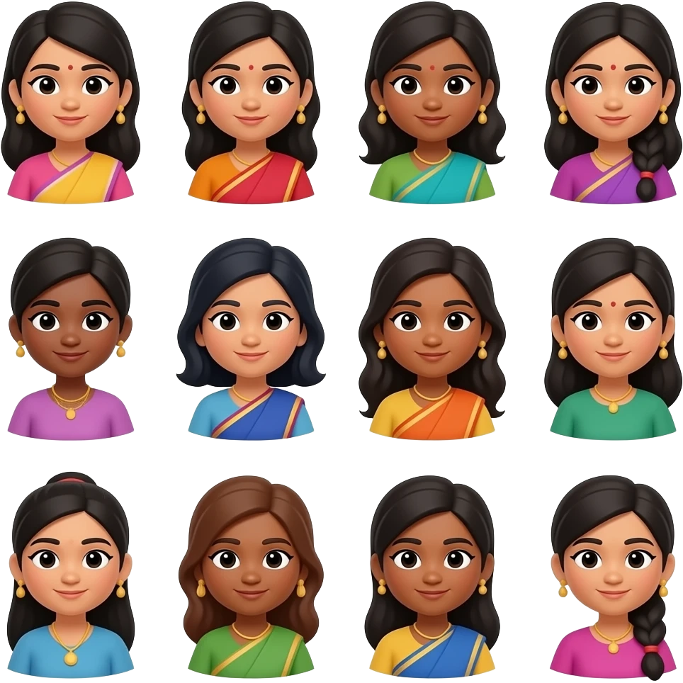 create 3d emoji of 12 indian women with different hair ,skin, eyes and clothes emoji