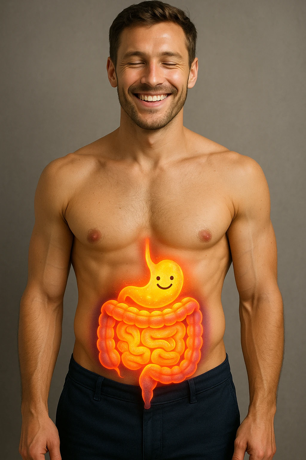 Intestino riequilibrato felice e in forma nel corpo di un uomo realistico emoji