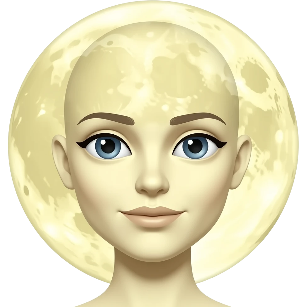 moon emoji with a FEMALE FACE. Offwhite yellow. round craters for the moons serface emoji