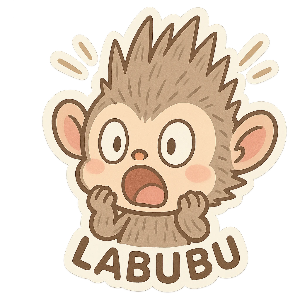 Labubu in a shocked pose, mouth open, fur standing up, expressive cartoon style emoji