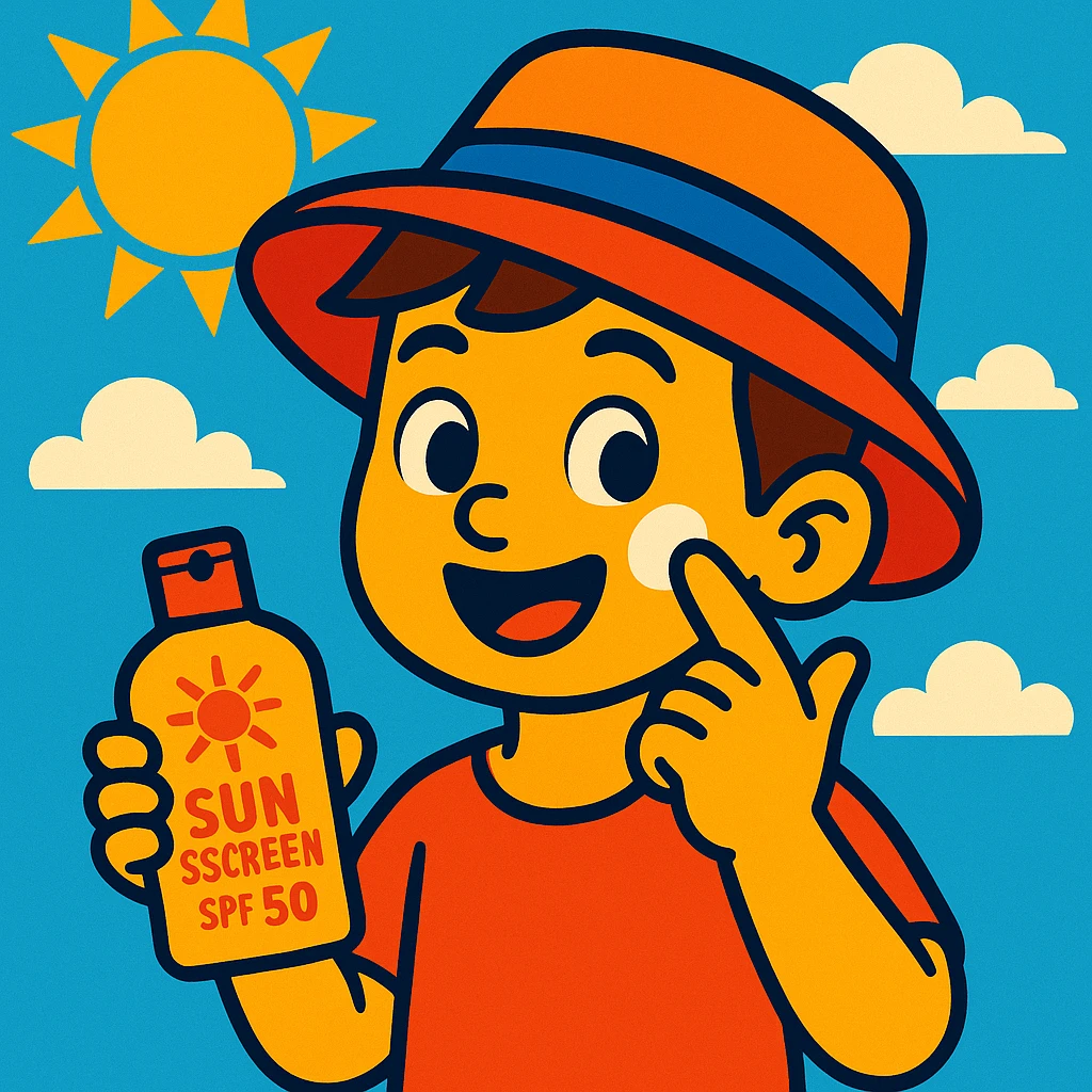 bright cartoon style of a boy wearing a hat and applying sunscreen on his cheek emoji