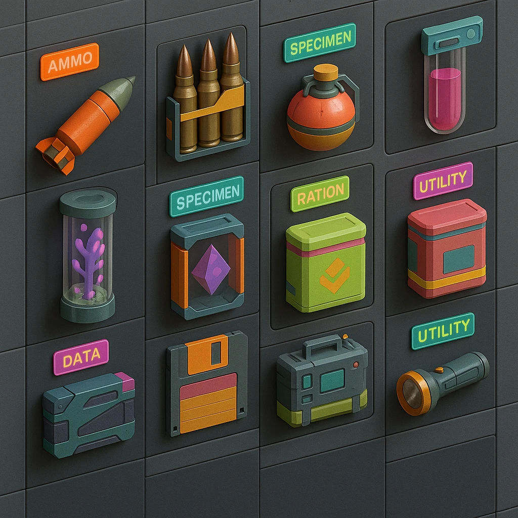 a virtual display, a gray grid with darker gray cells, each cell containing an item viewed in isometric minimalism render The cells have pastel neon colored labels in their upper corner, indicating various traits of the items. retrofuturism, circa 2880's.
The items are scientific and military in nature - varieties of munitions, scientific samples, rations, data storage, utilities. There are two arrays of grids, one left, one right. Each array has a few empty spaces at the bottom. "CAD RENDERED PHOTOREALISM" brutalism. the items are adorned in a combination of  bright colors, neon-safety, early 90's pallet, with muted gray tones in EVEN BALANCE. emoji