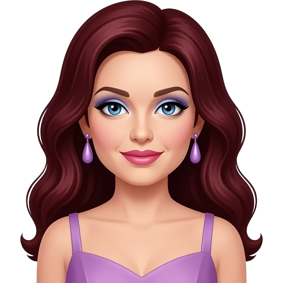Priscilla Presley with blue eyes, long dark red hair, pale blue eyeshadow, pink lipstick, lavender dress, lilac earrings emoji