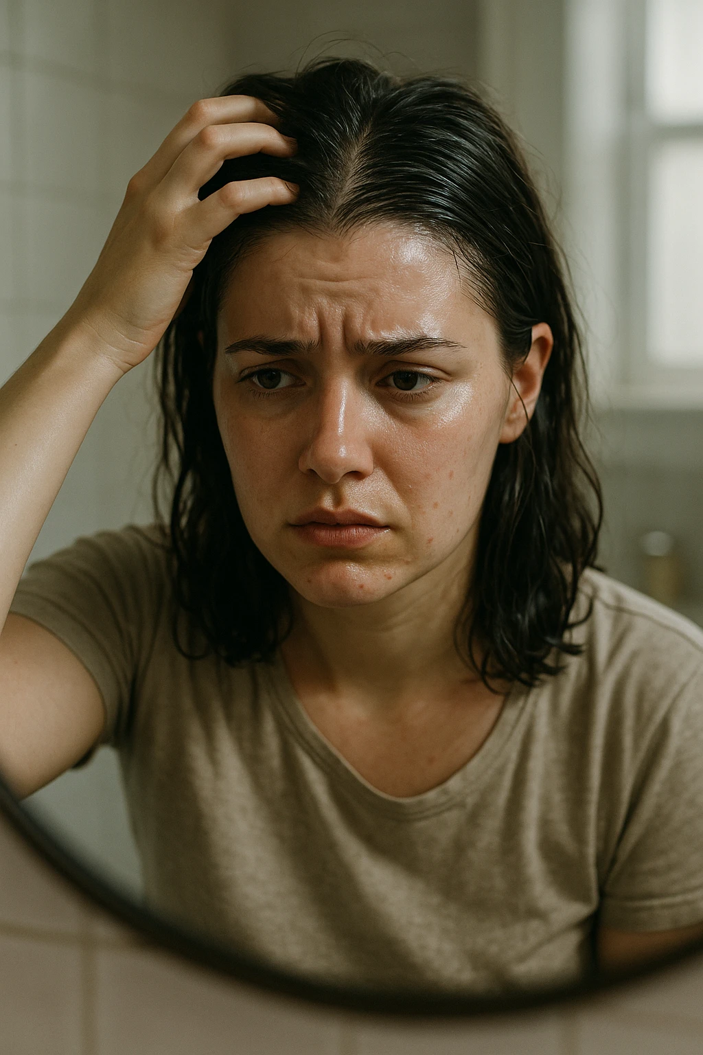 A realistic, cinematic portrait of a young woman in her late 20s sitting in front of a mirror, visibly frustrated. Her skin appears oily with a shiny forehead and cheeks, while her dark hair looks greasy and clumped, suggesting excessive sebum production. She lightly touches her scalp with concern while observing her reflection. Her expression is a mix of exhaustion and discomfort, emphasizing the emotional burden of these symptoms. The bathroom setting is softly lit with neutral daylight, reflecting a realistic environment. Subtle details such as small acne spots on the jawline and chin highlight androgen-related PCOS symptoms. Style: clean, detailed, 35mm realism with soft depth of field to keep focus on her expression and the greasy hair texture, while the background remains minimal to maintain emotional impact emoji
