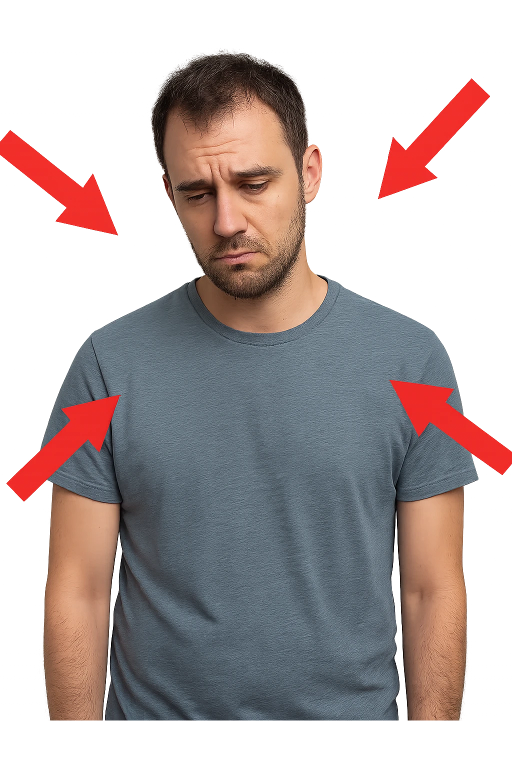 uomo con testosterone basso con freccie rosse ad indicare emoji