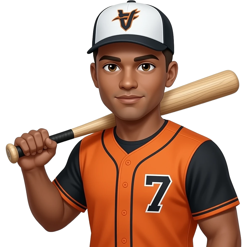 Make a baseball player wearing number 7, the jersey color is orange and black make the hair a dark brown low taper fade and put a white hat on. And put a bat on the shoulder, make there skin color tan and make them fully tuned around with tan skin emoji
