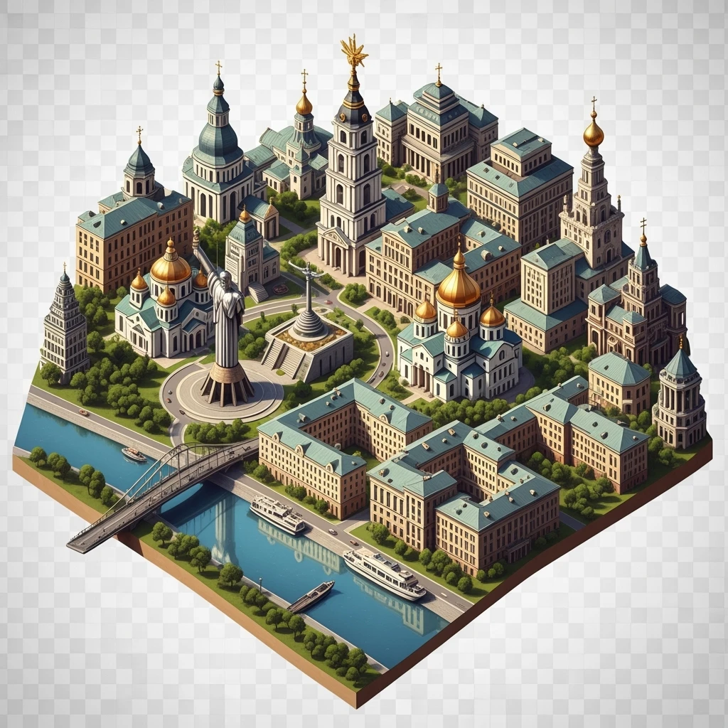 Isometric illustration of photorealistic Kyiv, balanced between paint stylized and realistic, 3D miniature effect, transparent background. emoji