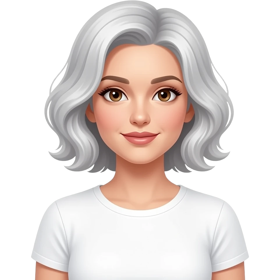 Style: 3D Memoji style, simple render, no outline, soft studio lighting, white background. Character: 70s elegant woman, wavy silver bob, brown eyes, white t-shirt. Skin: natural healthy glow, dewy interior glow. emoji