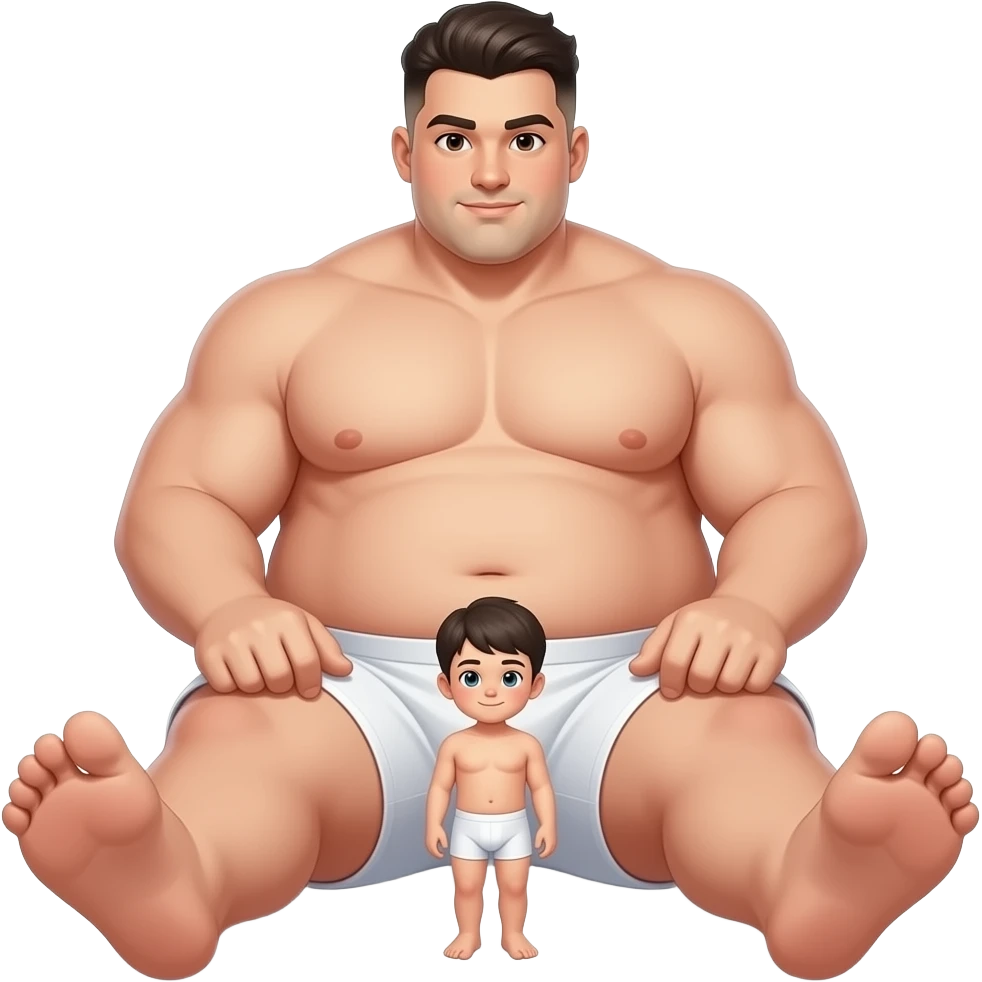 Strong very tall very wide ultra very very fat teen, gigantic big dick, cool hairstyle, cool fade,, large dick, large feet, large dick, full body, fat, sitting on the tiny boy's head, in white boxers, emoji