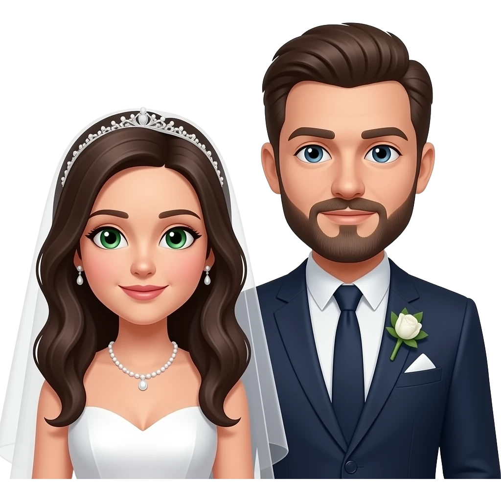 bride white skin with dark brown hair and green eyes, guy white skin and brown hair and beard and tall emoji