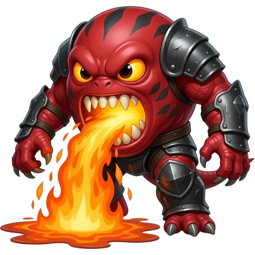 A red sime-ball-like monster with charcoal armor plates and a furnace-hot jaw. It lurks near geothermal rivers and snaps with explosive bursts of heat. emoji
