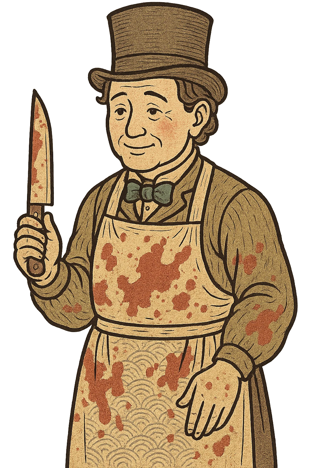 A victorian surgeon with a knife and bloody clothing with a caring face emoji