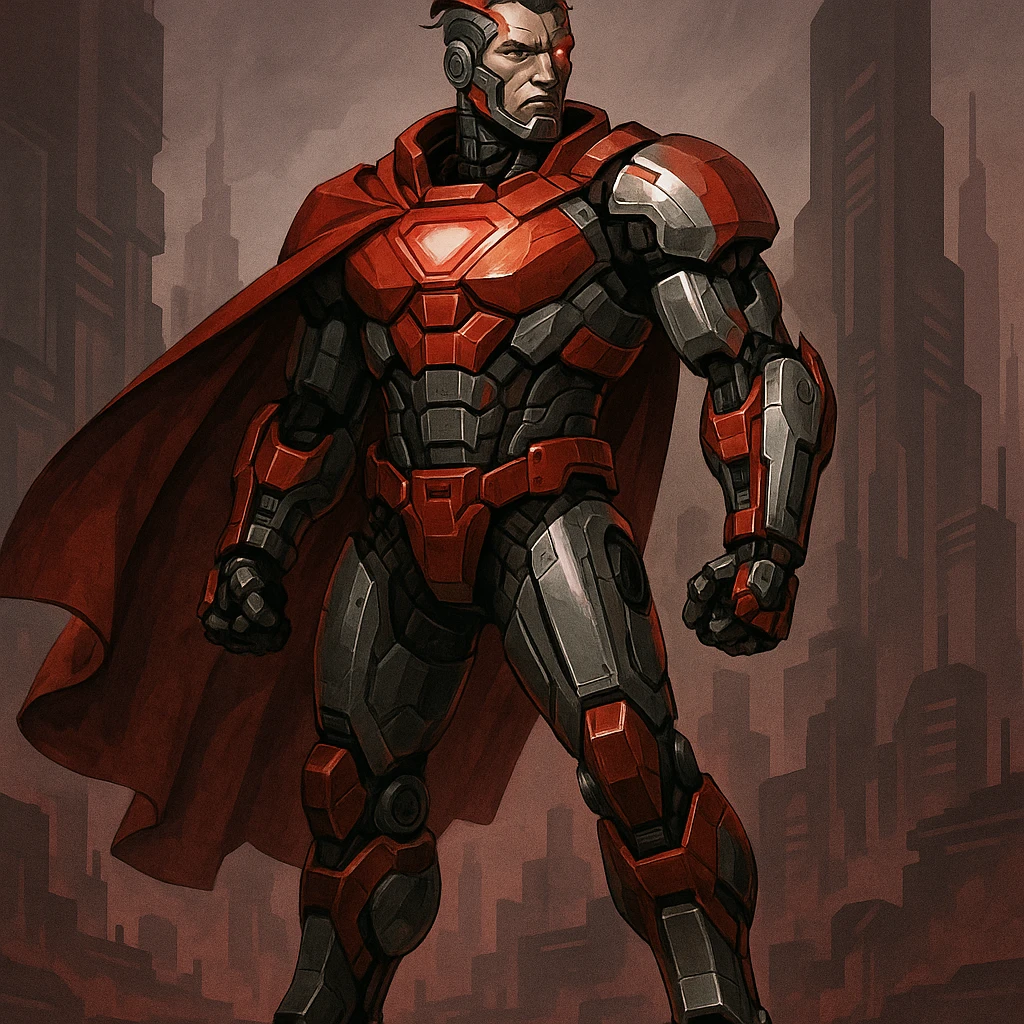 Scarlet Duke from the future, cybernetic enhancements, red and silver color scheme, heroic stance emoji