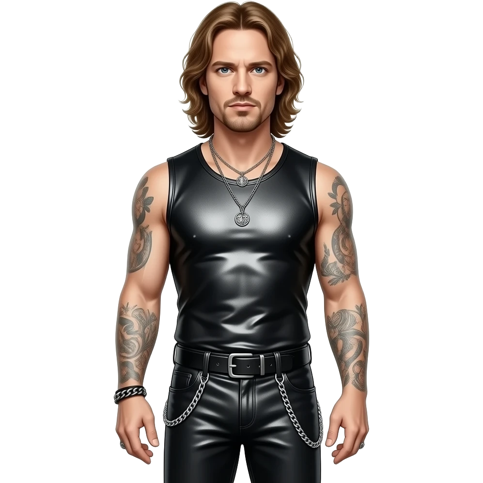 James Hetfield with black metallic sleeveless shirt, black metallic baggy pants with chain, necklace emoji