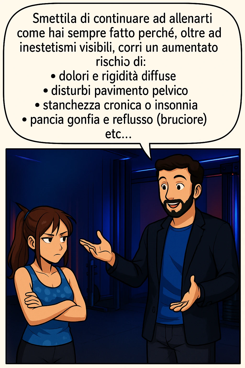 TRASFORMA QUESTO CAROSELLO IN UN FUMETTO STILE MANGA A COLORI CON QUESTE DUE PERSONE IDENTICHE CHE INTERLOQUISCONO TRA LORO, LA DONNA HA UN ESPRESSIONE PENSIEROSA MENTRE LO ASCOLTA:

LUI (UOMO): Smettila di continuare ad allenarti come hai sempre fatto perché, oltre ad inestetismi visibili, corri un aumentato rischio di:
    • dolori e rigidità diffuse
    • disturbi pavimento pelvico
    • stanchezza cronica o insonnia
    • pancia gonfia e reflusso (bruciore)
    • etc…

 emoji
