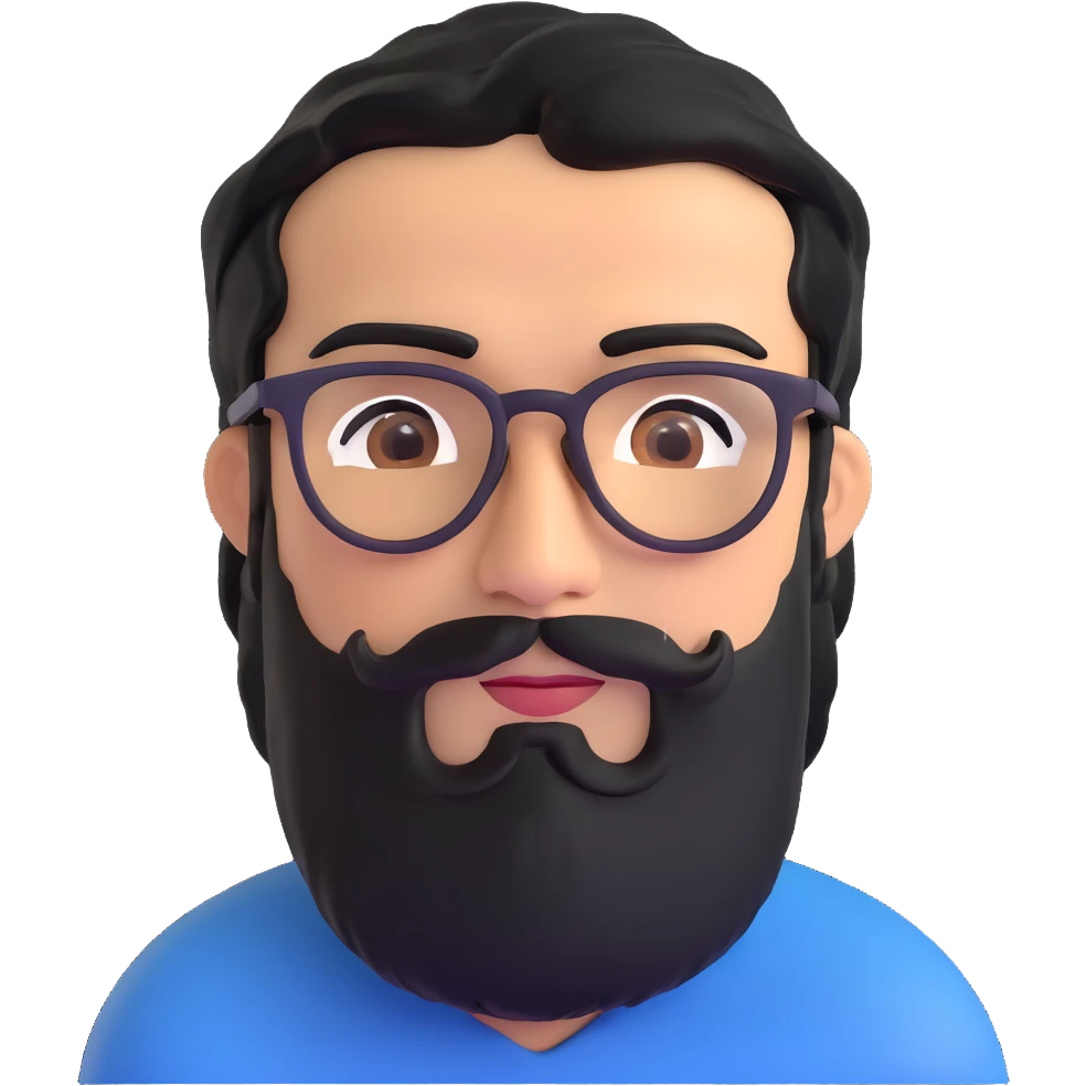 middle eastern man with medium length jet black beard, black hair, unibrow, tan skin, brown eyes, wearing glasses emoji