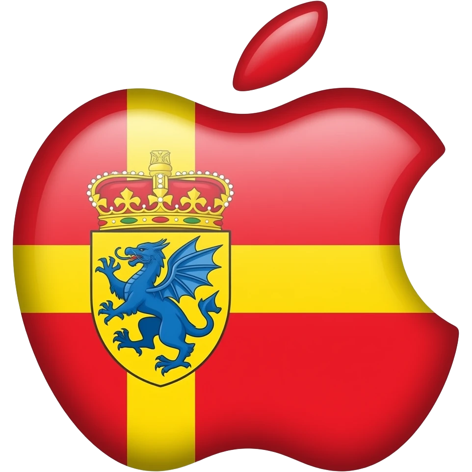Apple Flag shape Emoji of Jacobland flag Nordic cross yellow red background where cross meets add shield yellow same color as cross and inside blue dragon red crown on top emoji