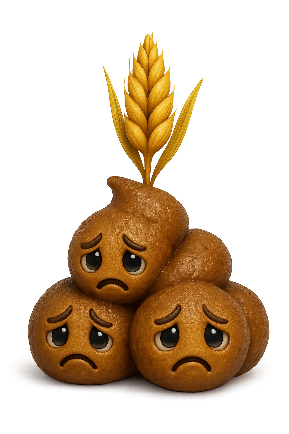 emoji stile iphone di una montagnetta di feci umane realistiche a palline tristi con sopra un simbolo del grano, iperrealistico 4k emoji