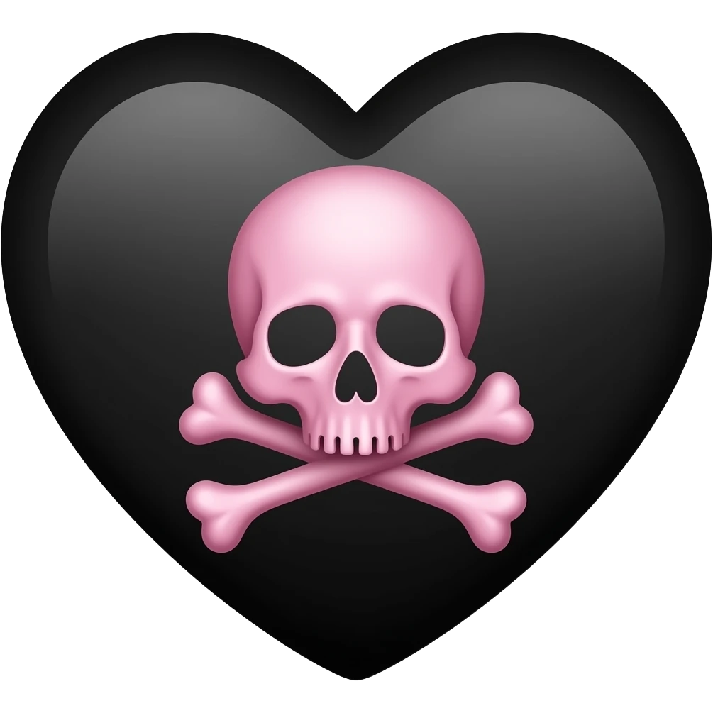 Pink skull and crossbones on black heart emoji