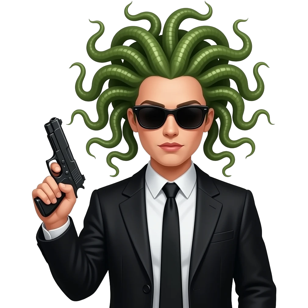 Beautiful Medusa in black coat with no tie with sunglasses holding gun emoji