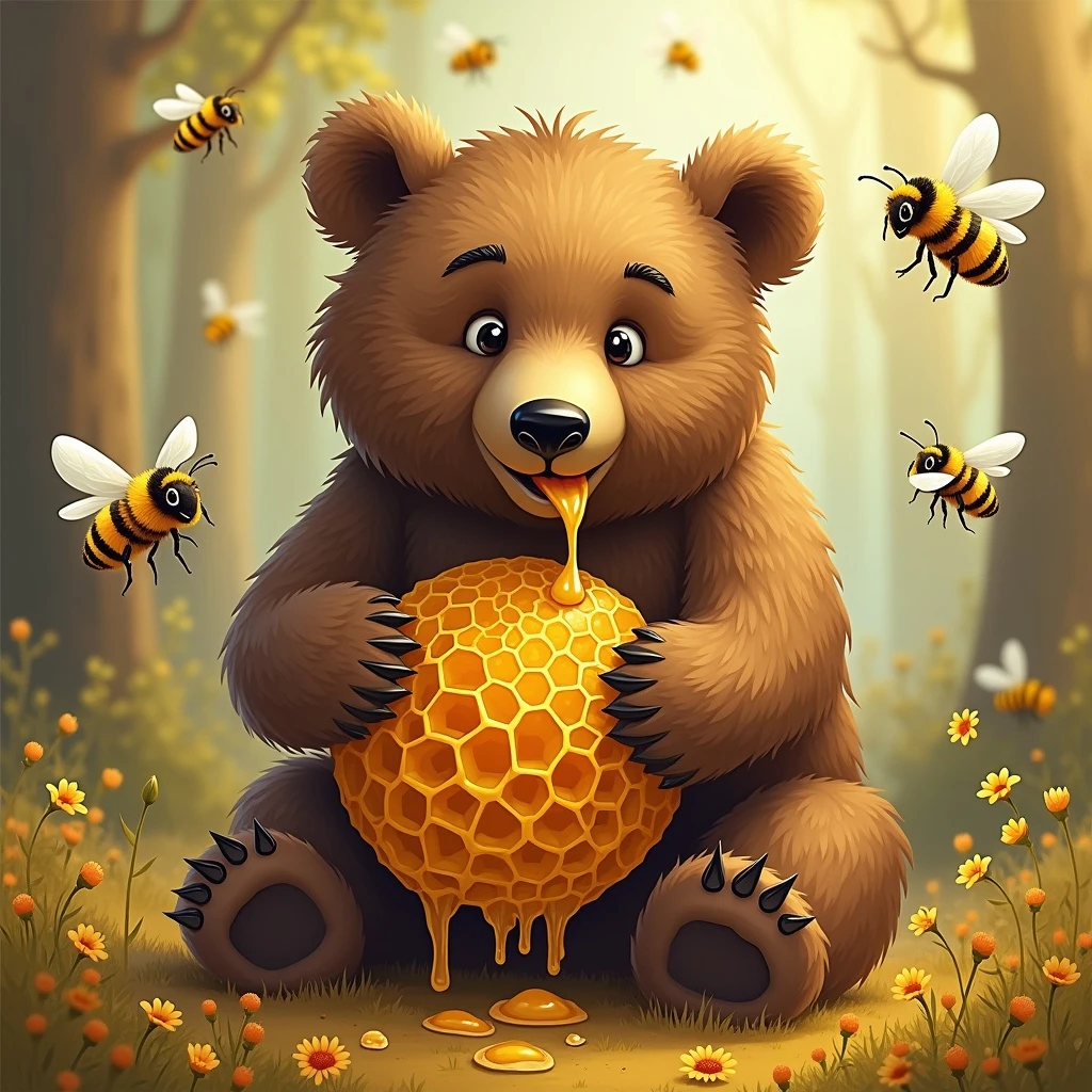 bear eating honeycomb with bees flying around emoji