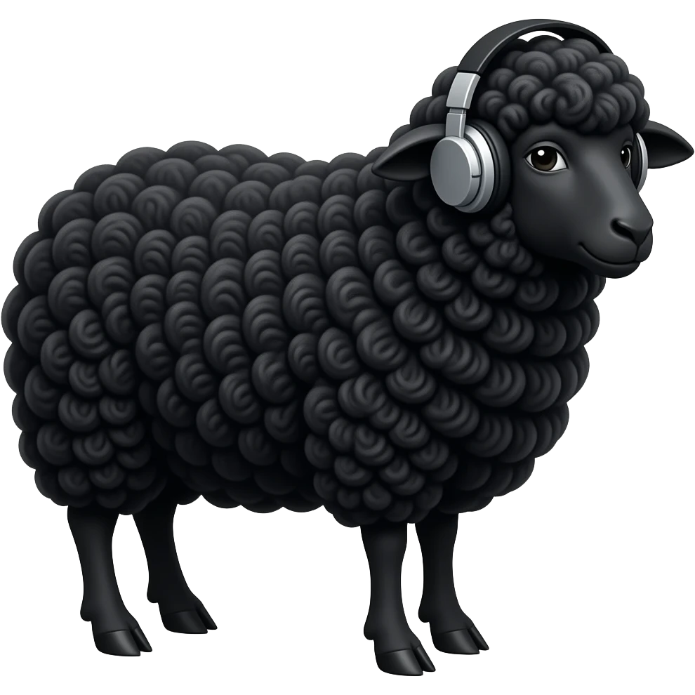 a black sheep with black wool wearing headphones. fun cartoon style emoji