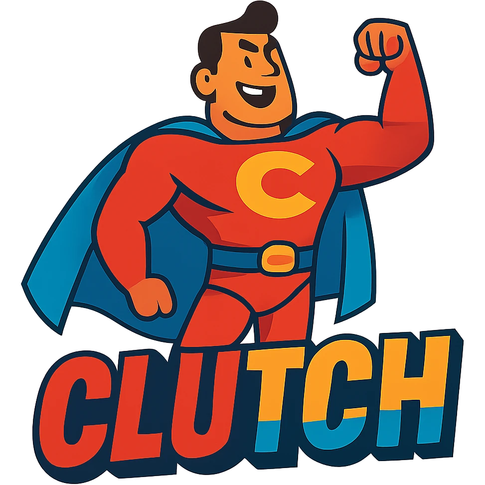 A hero with one hand and the text 'CLUTCH', bold and empowering, vibrant colors emoji
