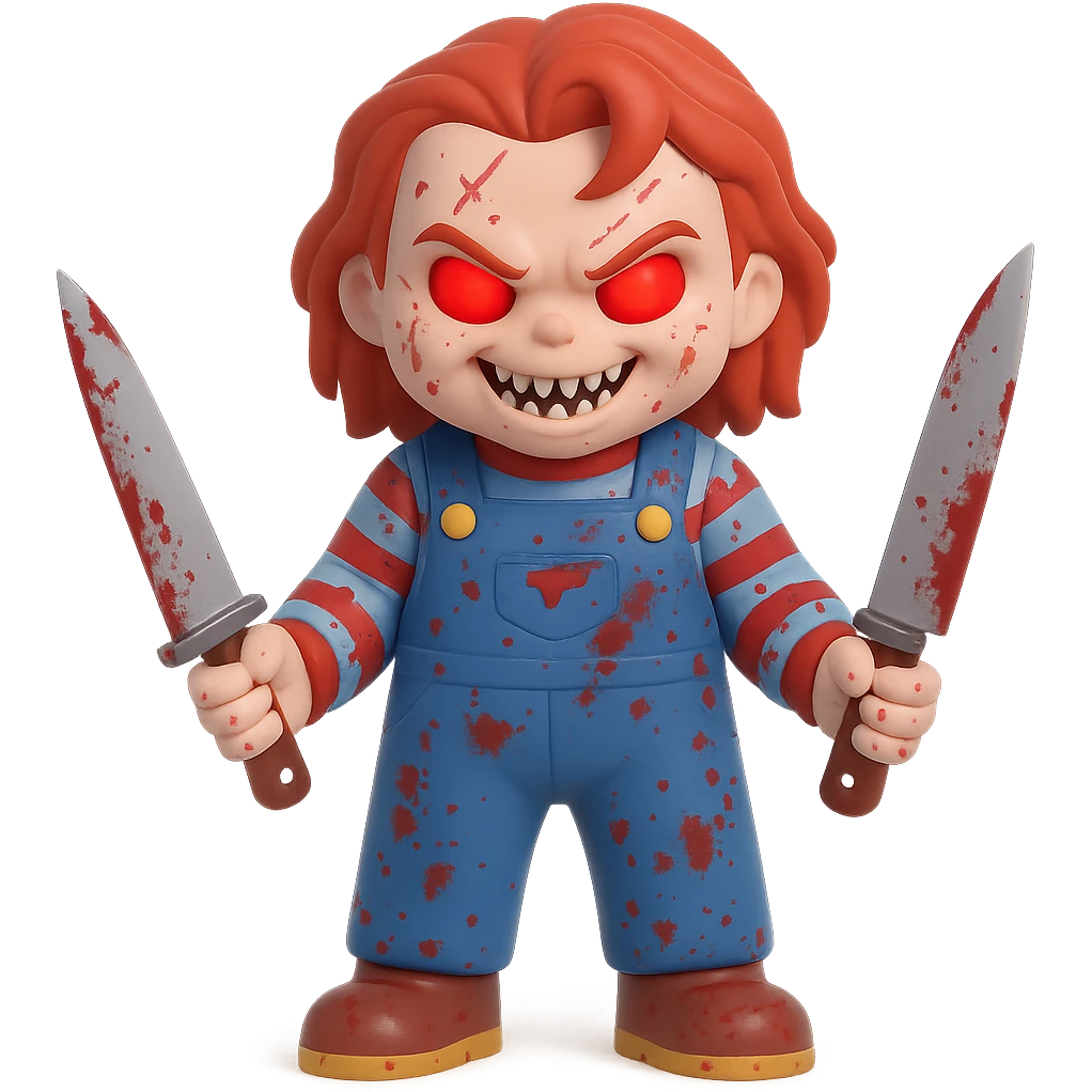 Make Chucky scarier by adding blood splatter, sharper teeth, glowing red eyes, and a more threatening pose in a 3D toy style. Keep the red hair, striped shirt, and overalls, holding a knife, with no background. emoji