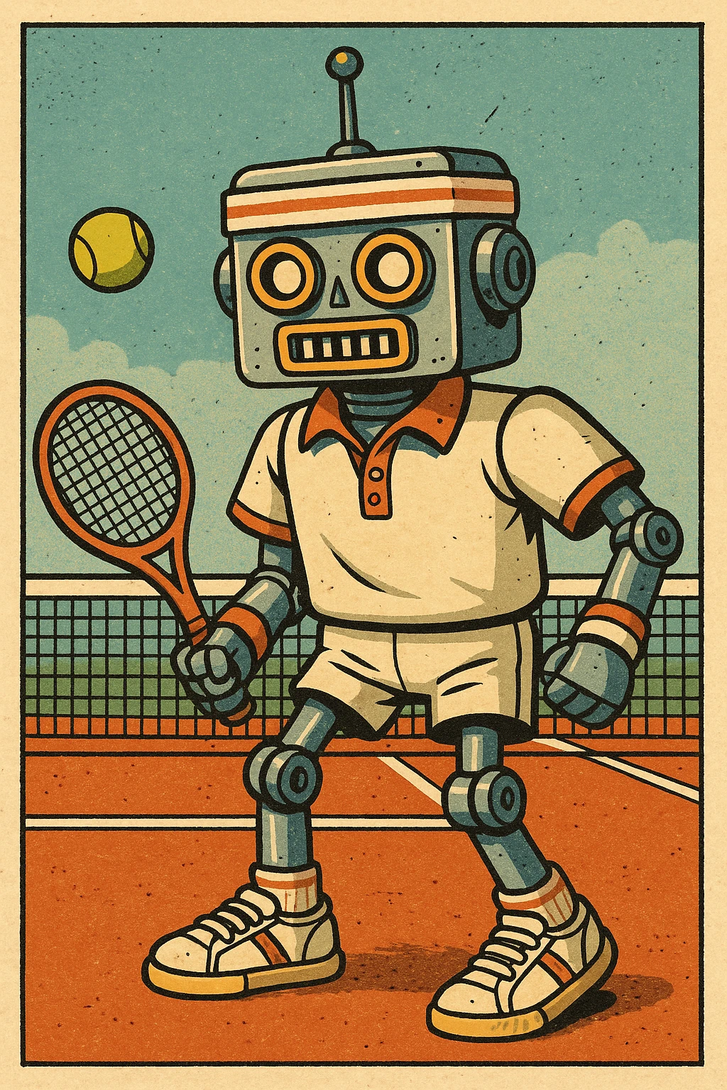 retro-style tennis robot, boxy body, antenna, classic tennis outfit, holding a racket emoji