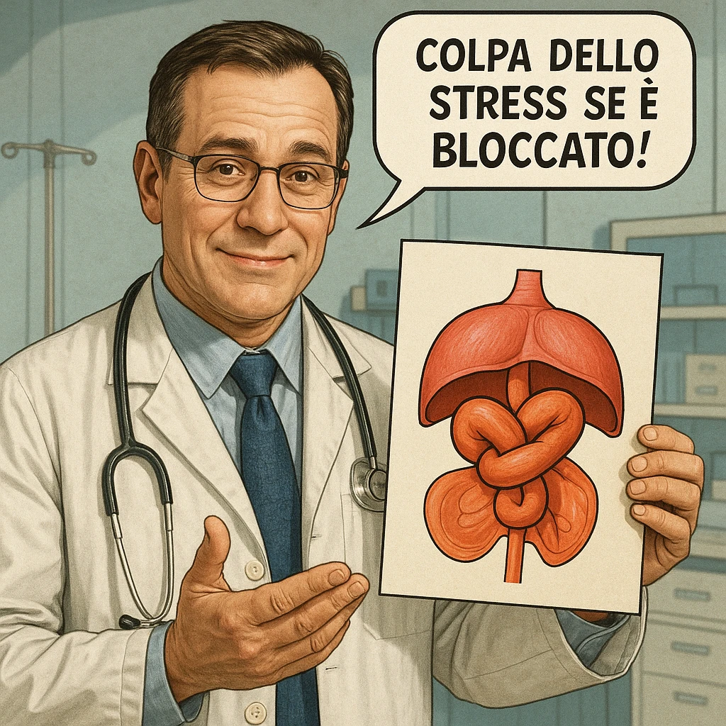 hyper realistic doctor holding a stylized diaphragm with a large knot, reassuring expression, comic with the phrase 'Colpa dello stress se è bloccato!', realistic details, medical environment emoji