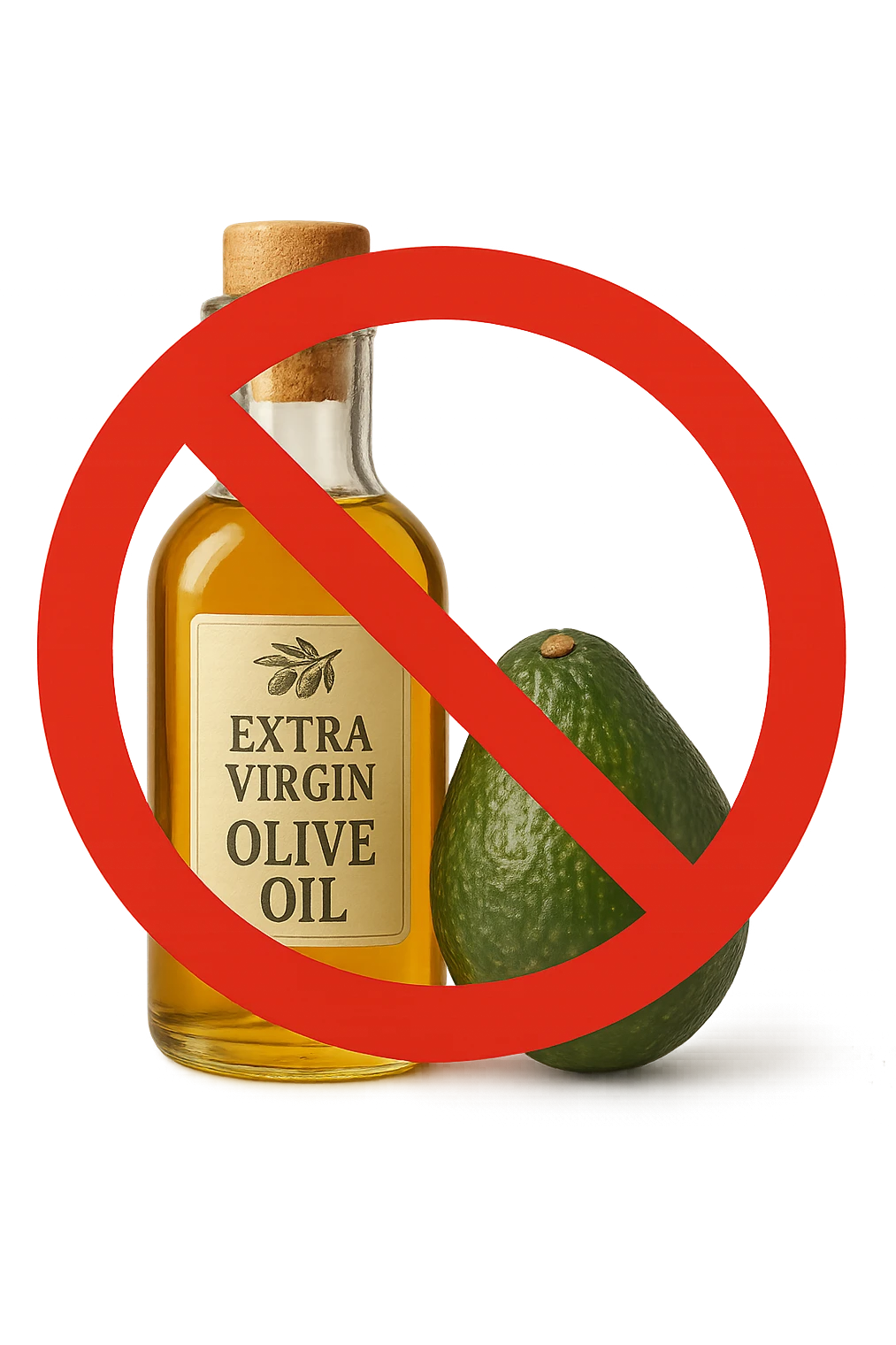 BOTTIGLIA DI OLIO EVO E AVOCADO CON DIVIETO SOPRA,  iperrealistico 4k emoji
