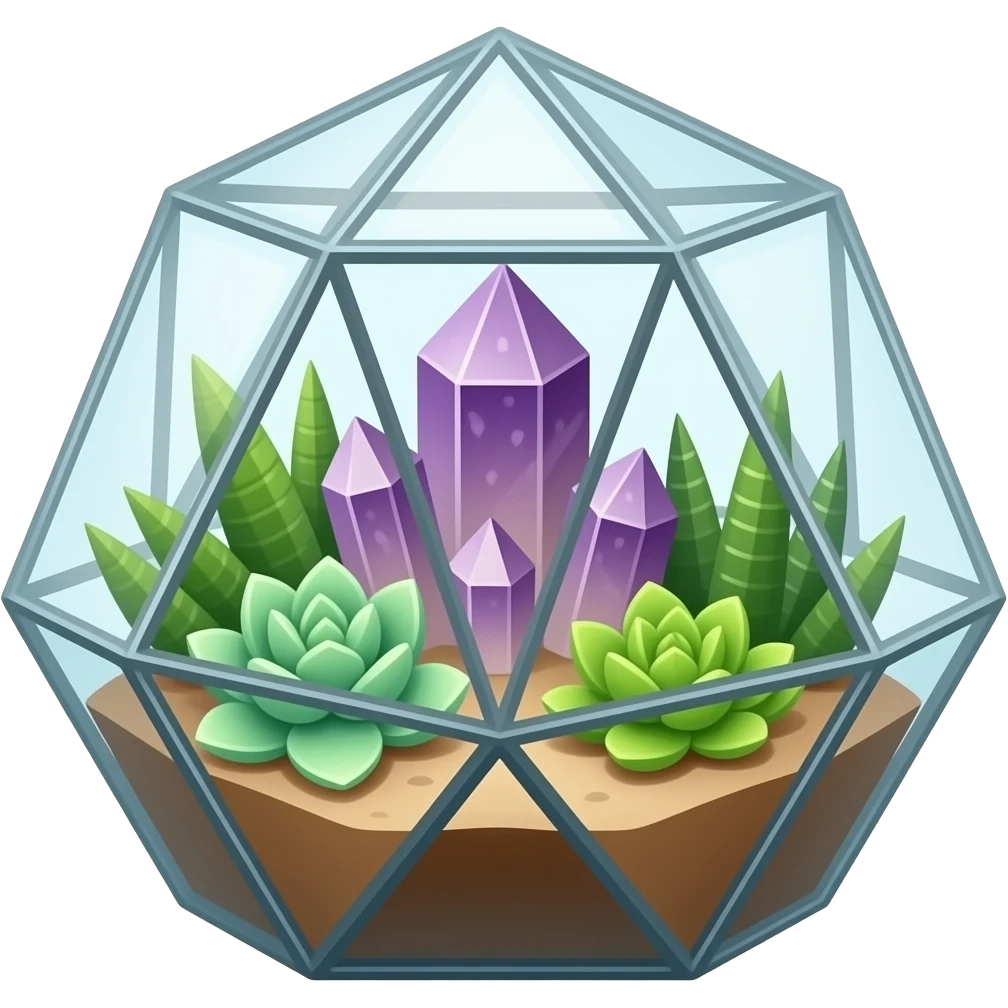 Mini succulents geometrical terrarium with amethyst cluster inside emoji