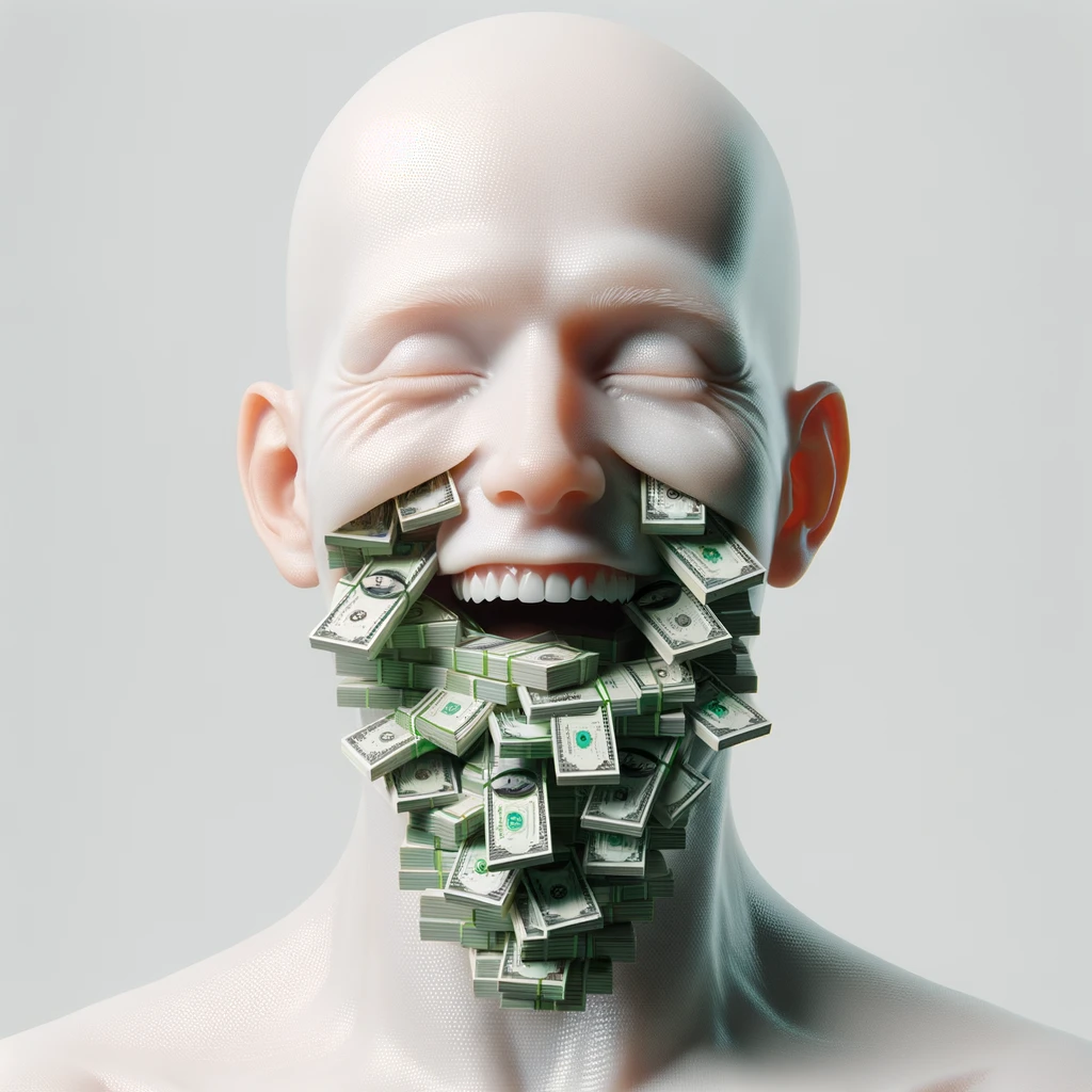 corpo umano anatomico sereno e felice con una montagna di banconote davanti al viso, espressione stupita, iperrealistica 4k, isolato su sfondo bianco emoji