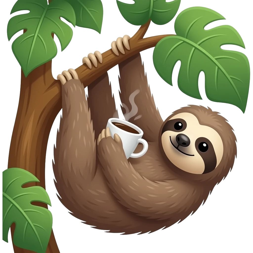 hanging sloth big tree leaves drink coffee hanging emoji