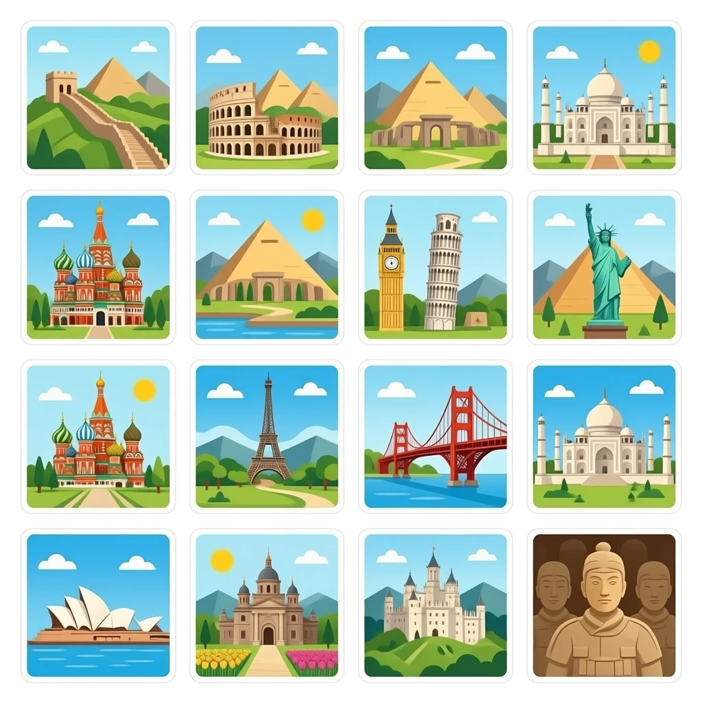 Pyramids, Great Wall, colosseum, Stonehenge, st. Basil’s cathedral, Taj Mahal, leaning tower of Pisa, Big Ben, Eiffel Tower, Statue of Liberty, Machu Picchu, cristo redentor, Hagia Sophia, Golden Gate Bridge, Sydney opera house, keukenhof park, Angkor wat, neushwanstein castle, and terracotta emoji