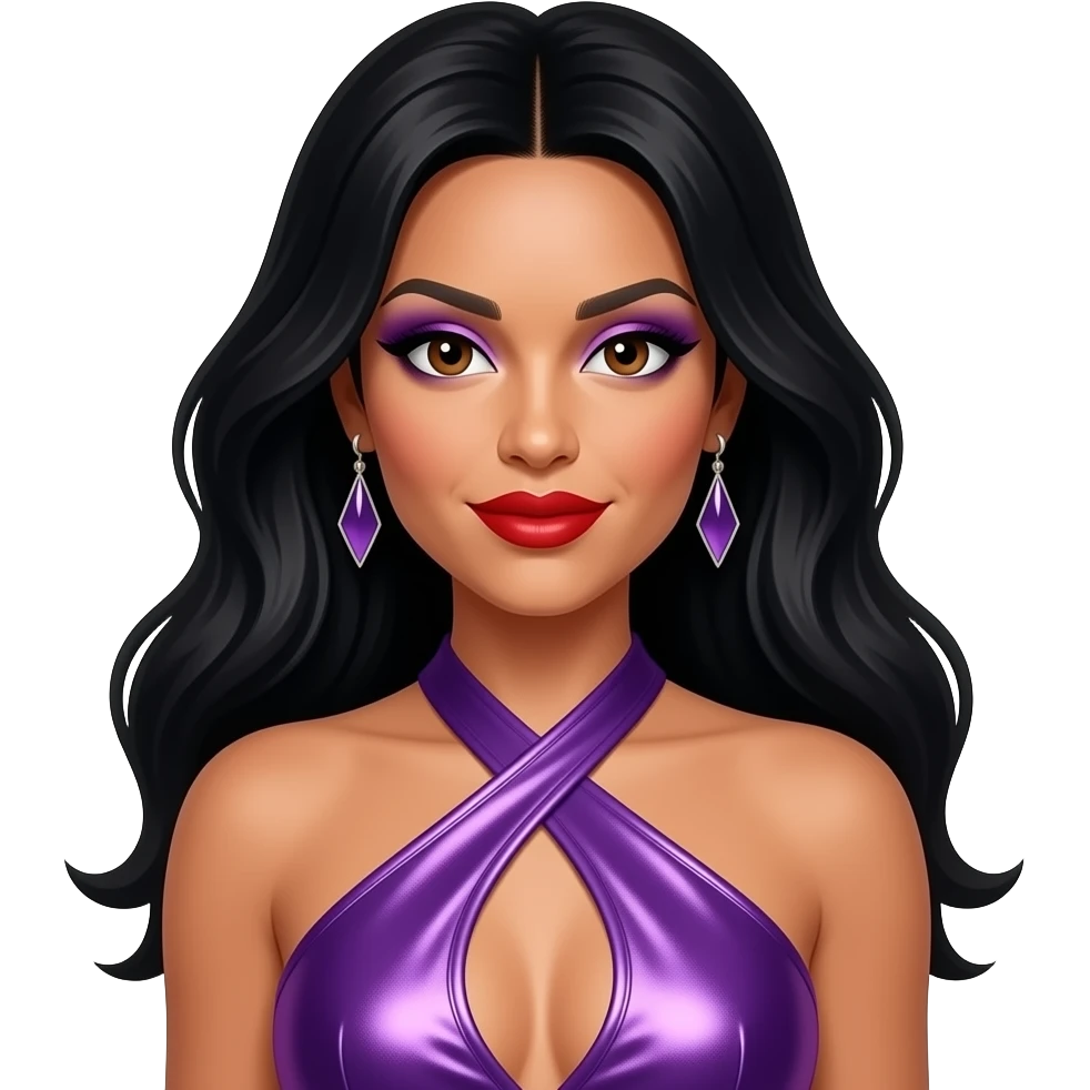 Nicole Scherzinger from The Pussycat Dolls with dark brown eyes, long black 2000s hair, purple eyeshadow, red lipstick, purple metallic halter dress, earrings emoji