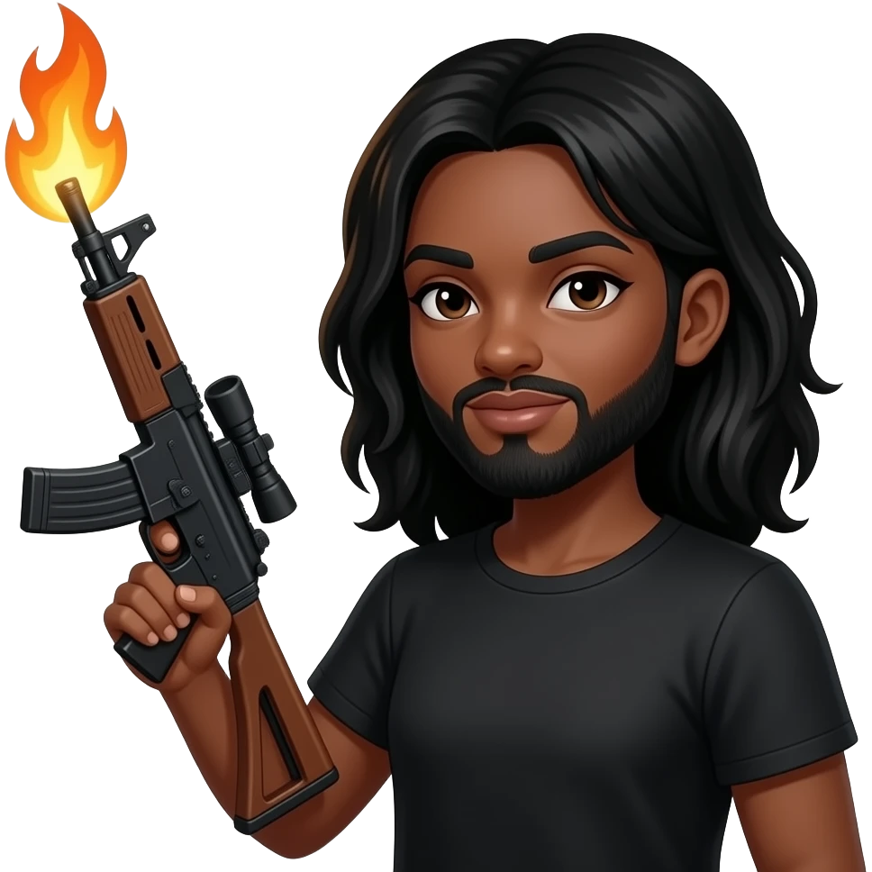 Muejer de tés medio morena vestida de negro con barba y pelo largo con un rifle con fuego emoji