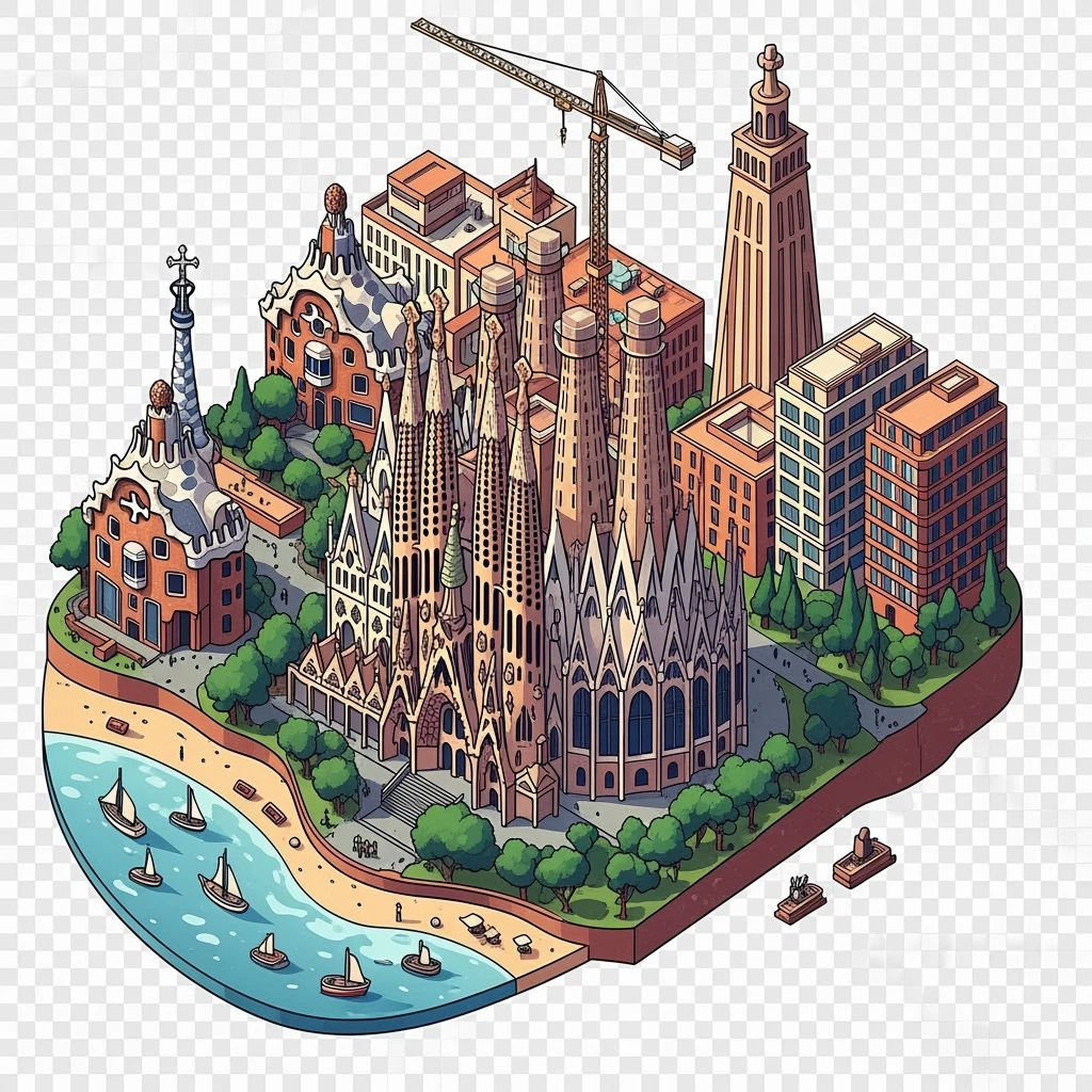 Isometric illustration of Barcelona, featuring Sagrada Familia with intricate spires, highly detailed in semi-realistic style with sharp outlines, balanced between stylized and realistic, 3D miniature effect, transparent background. emoji