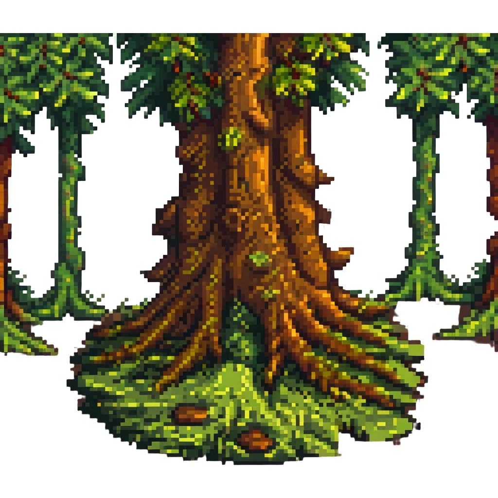 moss at the bottom of a tree trunk, pixel art style, blocky shapes, vibrant green and brown palette emoji