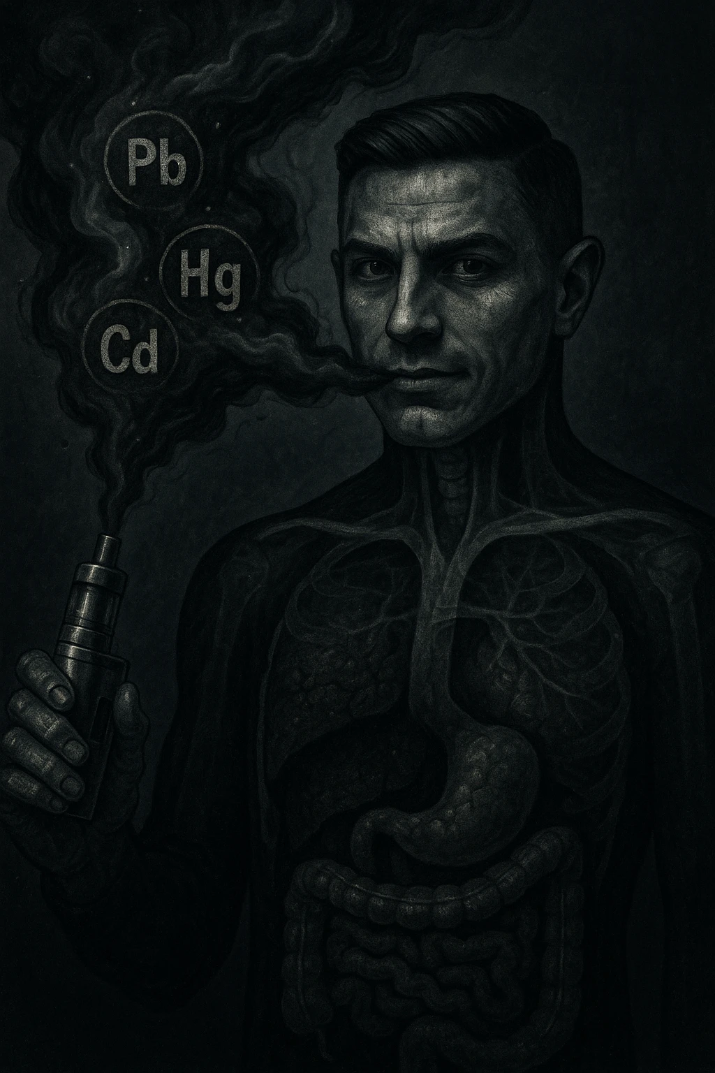 A stylized and unsettling electronic cigarette releasing dark metallic smoke filled with toxic particles. Within the smoke, symbols of heavy metals (Pb, Hg, Cd) travel towards a transparent human body. Inside the body, the liver and intestines appear blackened or visibly clogged. The atmosphere is dark, medical-symbolic style with cold metallic colors, conveying a strong and disturbing visual message. The face is inspired by the reference photo provided. emoji
