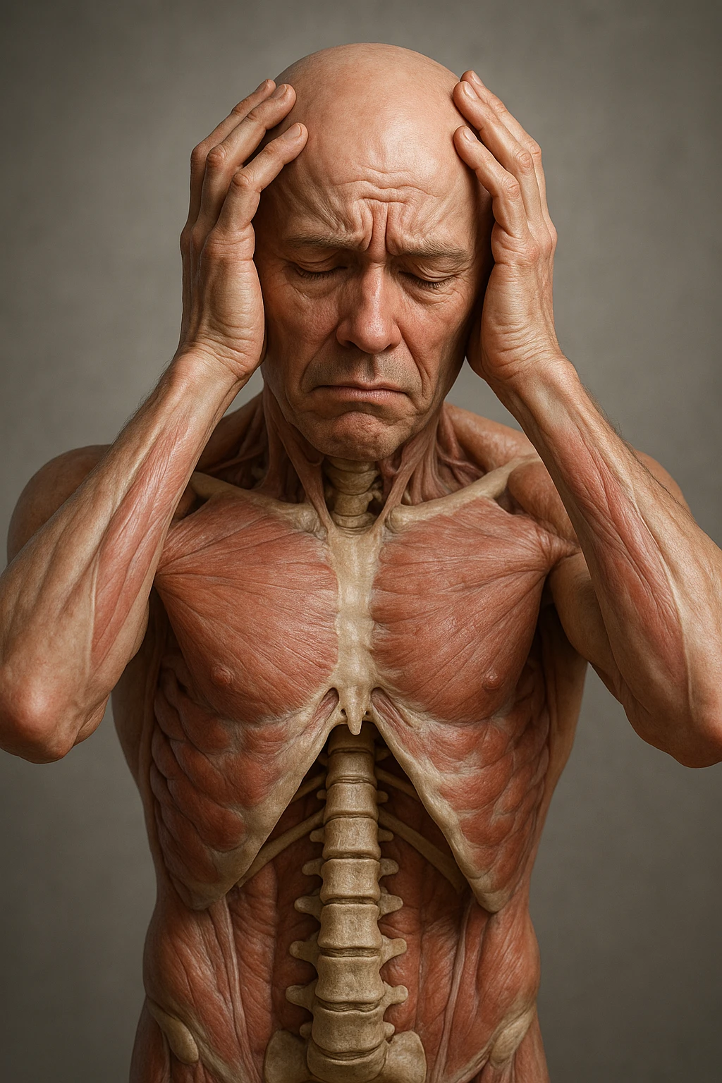 CORPO UMANO ANATOMICO con spina dorsale in evidenza, molto stanca e stressata mentre si tiene le mani sulla testa, IPERREALISTICO 4K emoji