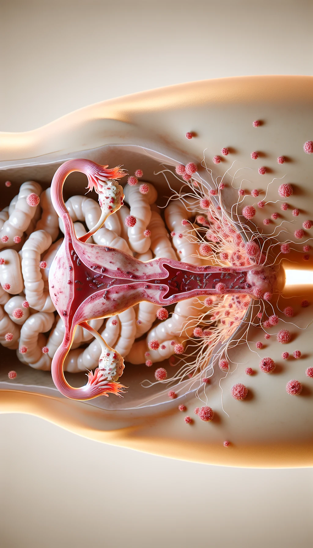 corpo umano anatomico con batteri come la candida nell'utero, sfondo neutro chiaro, iperrealistico 4k emoji