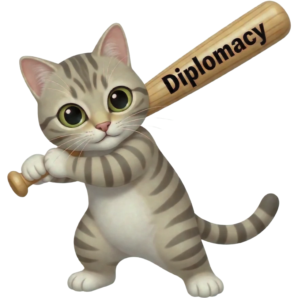 Cat swinging a base ball bat text on bat Diplomacy emoji