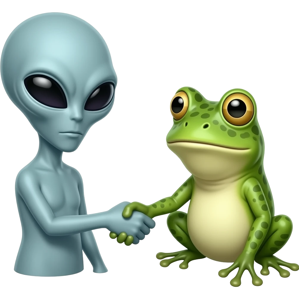 An alien shaking hands with a frog emoji