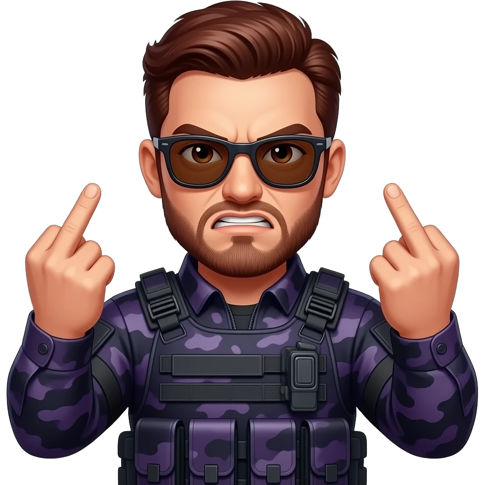 Angry Man with dark reddish brown hair a five o clock shadow beard brown eyes  sunglasses and dark purple camoflage tactical gear giving the finger two times emoji