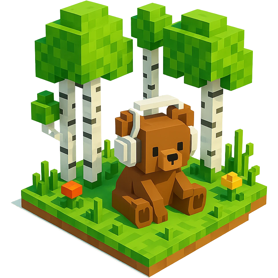 березовый лес, в котором сидит бурый медвежонок в белых наушниках (наушники должны закрывать уши медведя), no background  emoji