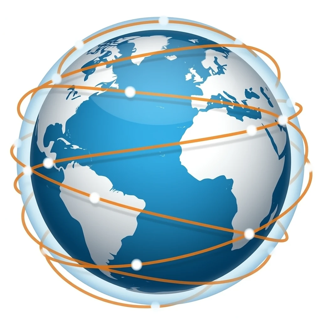 A transparent planet Earth with orange network lines surrounding it and white dots on it emoji